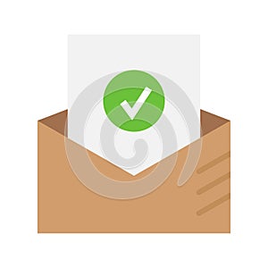 Mail envelope with a file inside and a check mark icon. Concept of receiving approvals by email