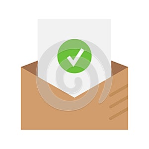 Mail envelope with a file inside and a check mark icon. Concept of receiving approvals by email photo