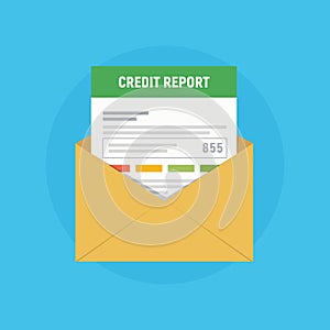 Mail envelope icon with credit report. Send personal credit score information.