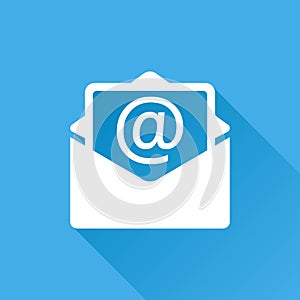 Mail envelope icon vector isolated on blue background with long