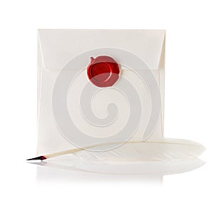 Mail envelope or letter sealed with wax seal stamp and quill pen