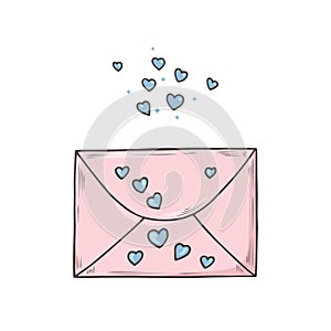 Mail envelope, Love letter with cute hearts. Doodle sketch isolated on white. Love, Romantic and Valentineâ€™s Day concept.