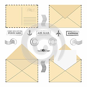 Mail envelope set. Vintage mail envelopes with postal stamps, frames and blank letter