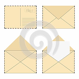 Mail envelope set. Vintage mail envelopes with stamps and blank letter