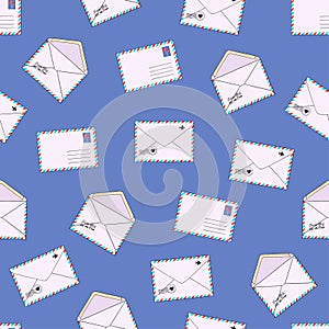 Mail envelopes, postcards and mails seamless pattern on blue background