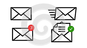 Mail icon red line flat. Isolated vector illustration set email.