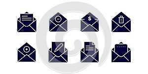 Mail icon set. E-mail, and envelope icon. receive, read, inbox, message, and buttons symbol for app and website Vector