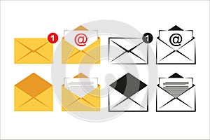 Mail icon set. E-mail icon. Mail envelope icon. Mail or E-mail on isolated background. Vector illustration