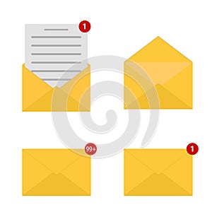 Mail icon set. Envelope sign. One incoming message. New email notification. Open and read message. Vector illustration