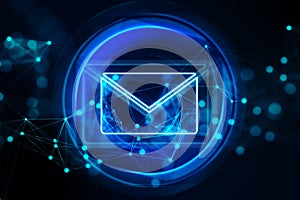Mail, letter and communication concept with digital blue envelope symbol in bright glowing circle on abstract dark blurred