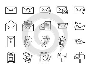Mail line icon set. Included icons as email, dove, envelope, sent, post box and more. photo