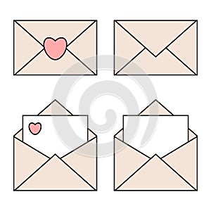 Mail linear icons with heart seals. Open and closed envelopes