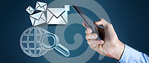 Mail with magnifying glass icon, 3D illustration