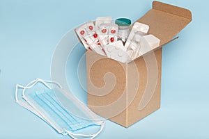 Mail order medication containers with shipping boxes.