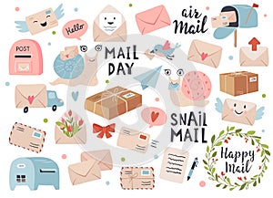 Mail and post icon set with envelopes and snail mail.