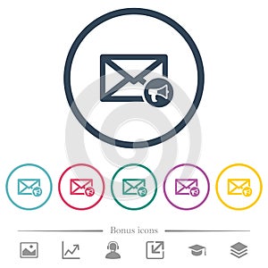 Mail reading aloud flat color icons in round outlines