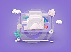 Mail service concept. Computer with open pages. 3D