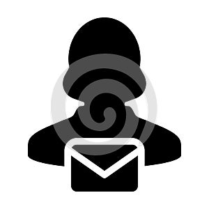 Mail user icon vector emale person profile avatar with envelope symbol for communication in glyph pictogram