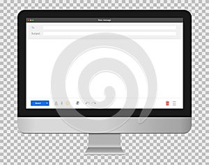 Mail window on desktop. Email mockup on computer screen. Isolated feedback form on pc screen. Contact us form layout in browser.