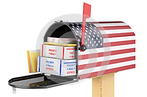 Mailbox with American flag with parcels, envelopes inside. Shipping in the United States, concept. 3D rendering
