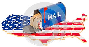 Mailbox on the American map. Shipping in the United States, concept. 3D rendering