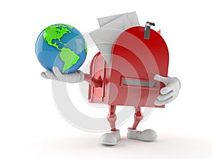 Mailbox character holding world globe