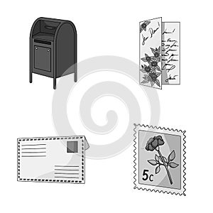 Mailbox, congratulatory card, postage stamp, envelope.Mail and postman set collection icons in monochrome style vector