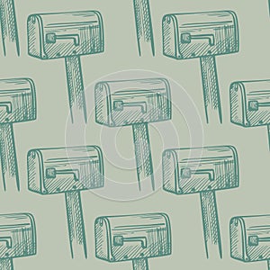 Mailbox engraved seamless pattern. Vintage letterbox in hand drawn style