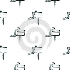 Mailbox engraved seamless pattern. Vintage letterbox in hand drawn style