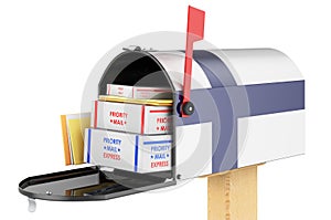 Mailbox with Finnish flag with parcels, envelopes inside. Shipping in Finland, concept. 3D rendering