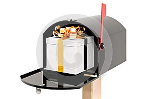 Mailbox with gift box, gift delivery concept. 3D rendering