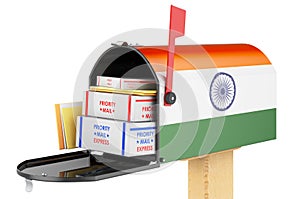 Mailbox with Indian flag with parcels, envelopes inside. Shipping in India, concept. 3D rendering