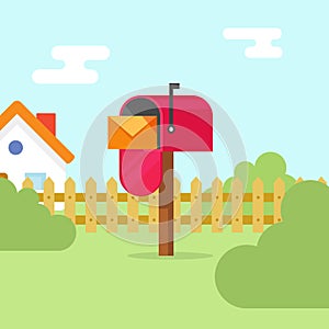 Mailbox with letter envelope and house landscape vector illustration