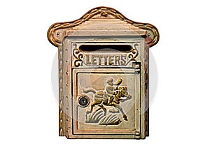 Mailbox Letterbox. Beautiful vintage mailbox on a white isolated background. Iron Mailbox depicting with the image of a postman