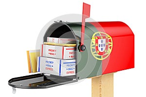 Mailbox with Portuguese flag with parcels, envelopes inside. Shipping in Portugal, concept. 3D rendering