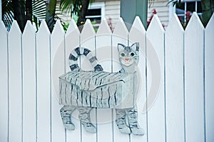 Mailbox shaped like a cat, white fence, palm, street art, Keys photo