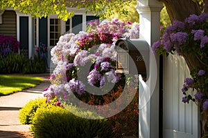mailbox surrounded by blooming flowers, with view to the front door of a house