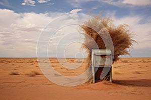 a mailbox with a tumbleweed caught on it in a dusty desert landscape