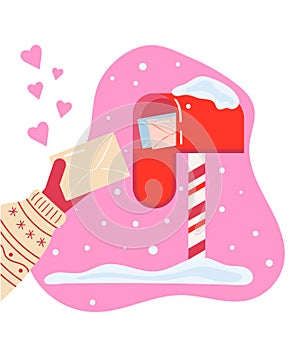 Mailbox with Valentine\'s cards and a human hand holding an envelope with a love letter. Hearts. Valentine\'s Day card