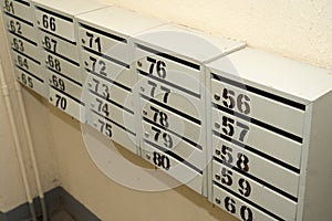 Mailboxes in a residential apartment building. Apartment numbers on mailboxes