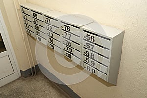 Mailboxes in a residential apartment building. Apartment numbers on mailboxes