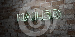 MAILED - Glowing Neon Sign on stonework wall - 3D rendered royalty free stock illustration