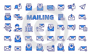 Mailing icons in line design blue. Envelope, mail, business, email, letter, address, send, receive, inbox, outbox photo
