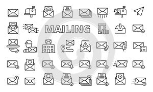 Mailing icons in line design. Envelope, mail, business, email, letter, address, send, receive, inbox, outbox, tracking photo