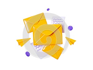 Mailing list with news 3d render - closed and open yellow envelope with papers text message and flying paper planes.