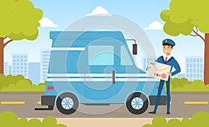 Mailman in Blue Uniform Delivering Mails to Customers by Van Car, Delivery Service Concept Vector Illustration