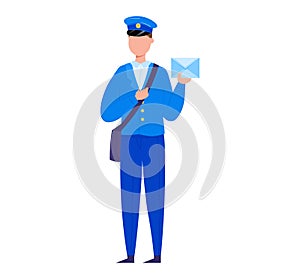 Mailman in blue uniform holding an envelope ready to deliver. Postal worker with a shoulder bag during duty. Mail