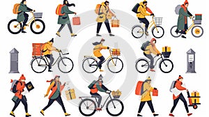 Mailmans putting letters in mailboxes, carrying parcels, riding bicycles, and using trolleys to move boxes. Illustration