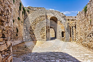 The main arched entrance gate of Methoni Castle. The castle is a medieval fortification in the port town of Methoni, Messinia