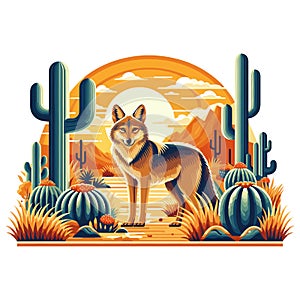 Stylized coyote in desert landscape, standing firm, vector illustration, ideal for nature posters photo